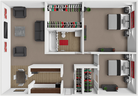 Floor plan for 2 beds, 1 bath, 860 sqft